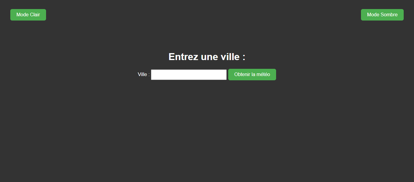 Page d'accueil de l'application météo